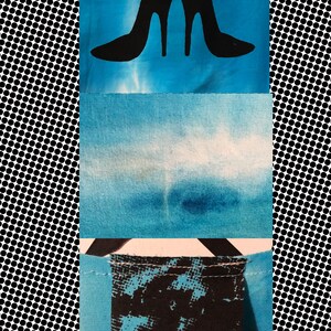 May include: A collage of three blue fabric squares with a black silhouette of two high heels on the top square. The middle square has a light blue gradient and the bottom square has a black and blue pattern.