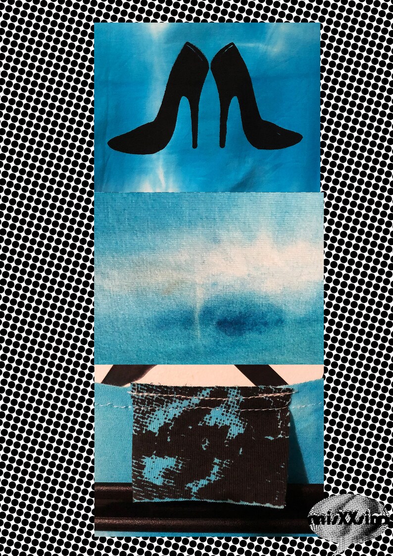 May include: A collage of three blue fabric squares with a black silhouette of two high heels on the top square. The middle square has a light blue gradient and the bottom square has a black and blue pattern.