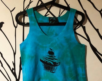 Black cupcake printed turquoise blue and green tie dye tank vest top. Christmas sale! One size fits from S-M-L! Free postage!