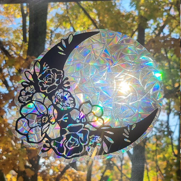 Floral Crescent Moon Glass Window Static Cling // Produces Rainbows // Easily Removed and will Restick // Rainbow Window Film