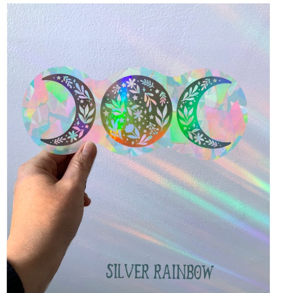 Moon Phases with Floral Cut Outs Suncatcher Sticker Holographic Prism Rainbow Maker Low Tact Easily Lifted Home Decor Witchy Nature Cottage