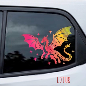 May include: A colorful dragon decal with a gradient design, featuring shades of pink, orange, and yellow. The dragon is surrounded by star shapes. The word "LOTUS" is at the bottom.