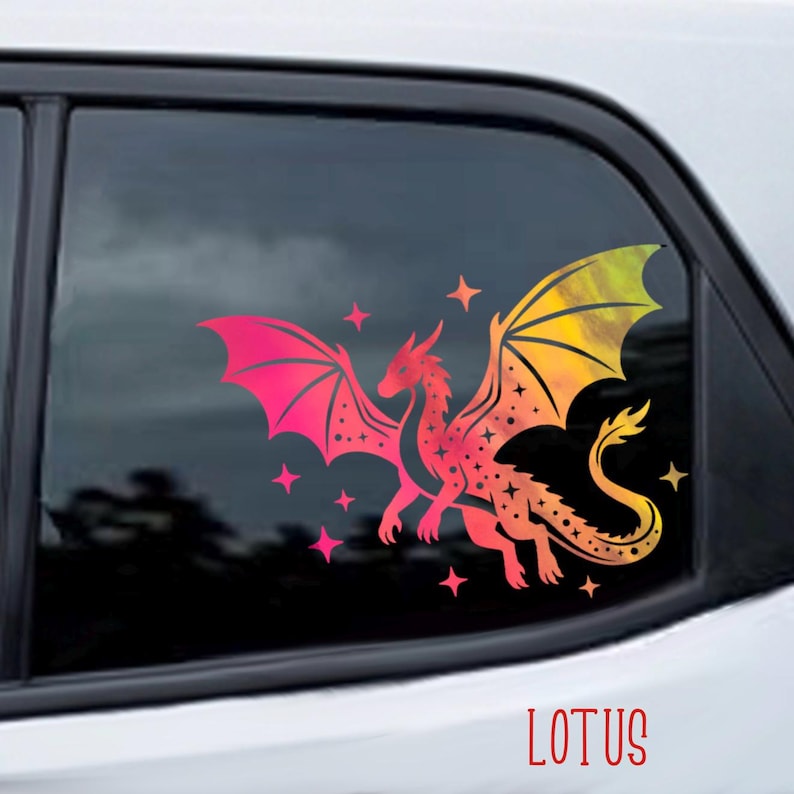 May include: A colorful dragon decal with a gradient design, featuring shades of pink, orange, and yellow. The dragon is surrounded by star shapes. The word "LOTUS" is at the bottom.