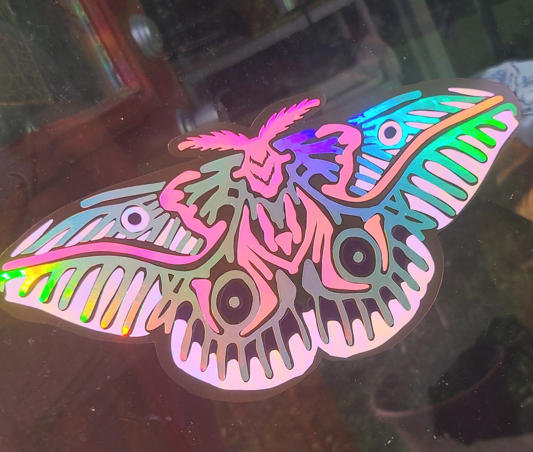Translucent Pink Moth Holographic Window Film Decal // 10 inches