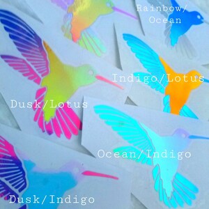 May include: Hummingbird stickers with iridescent finishes in various color combinations. The stickers feature the text "Sunset/Lotus", "Silver Rainbow/Ocean", "Indigo/Lotus", "Dusk/Lotus", "Dusk/Indigo", "Ocean/Indigo", and "Wings/Body".