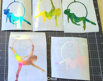 Könnte beinhalten: Fünf verschiedene Vinyl-Aufkleber mit einer Person in einem Reifen. Die Aufkleber sind auf weißem Papier und haben alle verschiedene Farben. Die Farben sind blau, grün, gelb, rosa und Regenbogen.