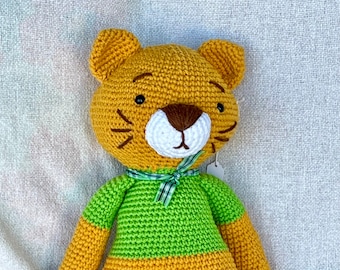 Cat handmade crocheted amigurumi stuffed toy kitty with green shirt