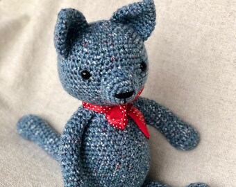 Kitty Cat stuffed child toy Blue speckled crocheted amigurumi with red bow-tie