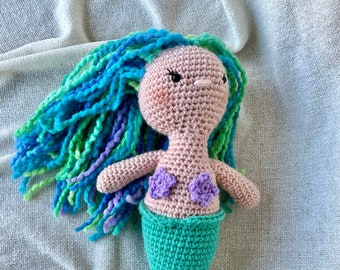 Mermaid handmade crocheted amigurumi green blue long hair stuffed toy
