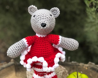 Handmade crocheted Christmas gray bear in red dress with striped bloomers