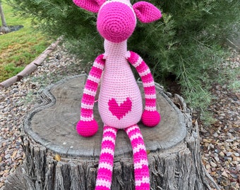 Happy Giraffe stuffed toy pinks striped amigurumi Handmade crochet heart design