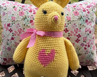 Handmade Yellow Crocheted Bunny Rabbit with Pink Heart and Bow Tie