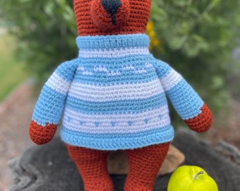 Handmade Bear stuffy in sweater, amigurumi crocheted blue/white pullover sweater cinnamon brown bear