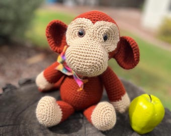 Monkey Handmade crocheted amigurumi cinnamon brown stuffed animal with bow tie—kids birthday gift