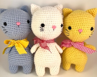Crocheted Amigurumi Cats with Bow Ties, Pastel Kittens, 8 Inch Plush Toy