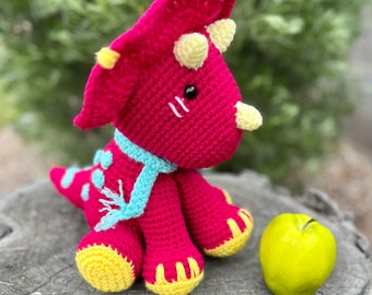 Triceratops hot pink dinosaur stuffed toy amigurumi handmade crocheted