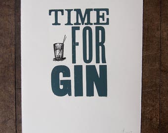 Time For Gin, a hand printed letterpress print