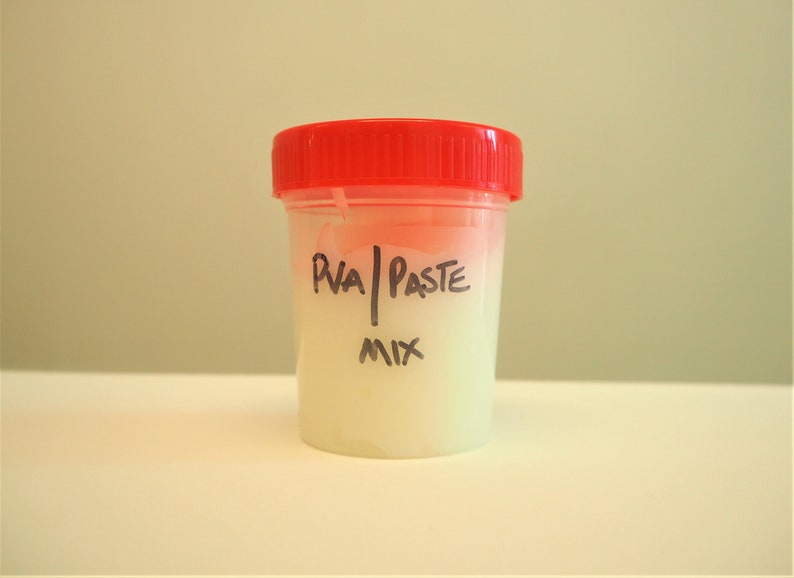 Peut inclure: Un r&eacute;cipient en plastique transparent avec un couvercle rouge rempli d'une p&acirc;te blanche. Le r&eacute;cipient est &eacute;tiquet&eacute; "PVA Paste Mix".