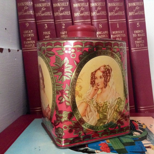 Small Red Tin with Portraits of Two 18th Century Ladies on it
