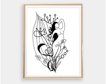 Black And White Female Floral Art Print For Wall, Woman With Flowers Art For Bedroom, Plant Lady, Feminine Art Illustration, Woman Figure