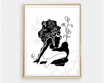 Fine Art Illustration Print, Women Art In Black And White Illustration, Black And White Illustration, Modern Illustration Art Giclée Print