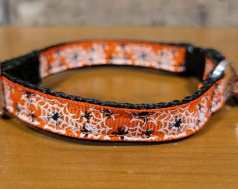 CAT/Halloween Black Spiders on Orange Breakaway Collar With Bell