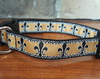 LARGE/ Black and Gold Fleur De Lis Dog Collar