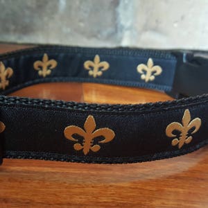 May include: Black dog collar with gold fleur-de-lis pattern.
