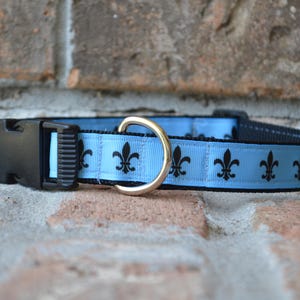 May include: A light blue dog collar with black fleur-de-lis designs and a black plastic buckle.
