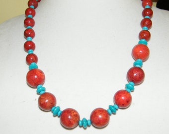 Sponge coral beaded necklace and earrings set natural vibrant orange red sponge coral beads and Tibetan silver spacer beads