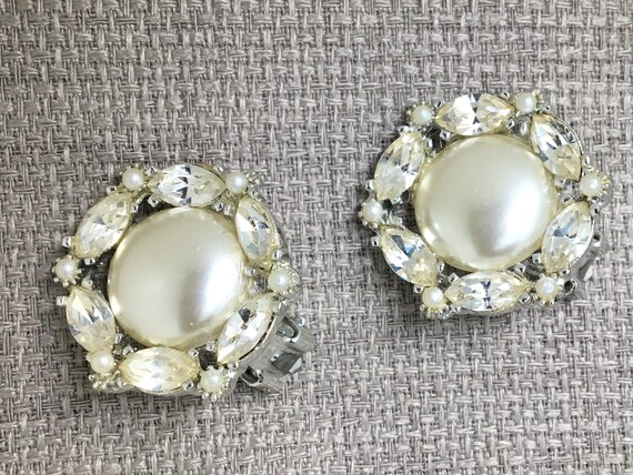 Vintage Faux Pearl and Rhinestone Clip Earrings i… - image 1