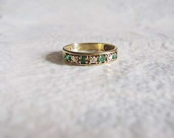 10k Estate Vintage Genuine Emerald Diamond Wedding Band Ring Gemstone Diamonds Gold Art Deco Edwardian Georgian Antique birthstone stacking