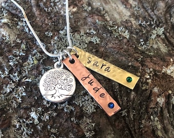 Mixed Metal Name Tag Necklace, Hand Stamped Jewelry, Family Tree, Mom Jewelry, Childrens Names, Rustic, Boho, Made in Canada, Personalized