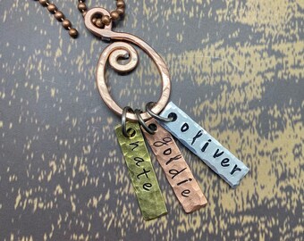 Gift for Mom, Family Necklace, Hand Stamped Jewelry, Mixed Metal Necklace, Personalized Charm Necklace, Family Jewelry, Custom Name Necklace