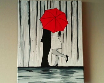 SALE Couple in rain painting,Couple kissing in the rain wall art, couple with red umbrella painting, couple hugging silhouette 11X14 inches