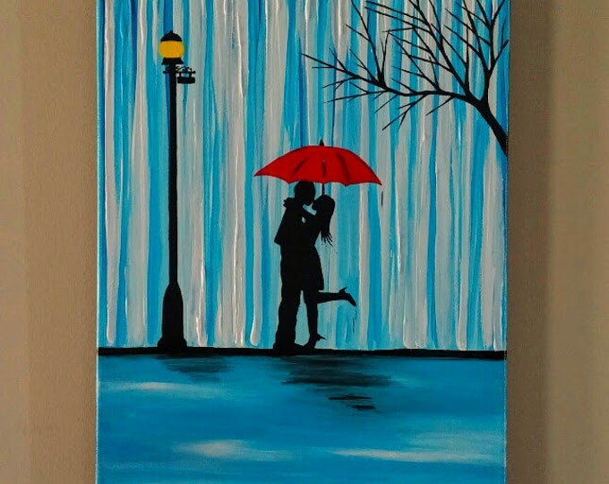 Couple in Rain Painting,couple Kissing in the Rain Wall Art,couple With