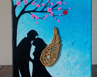 Angel in love,Angel silhouette,Angel painting,Couple kissing silhouette,Man & angel kissing, Romantic painting,Gift for her,Couple painting