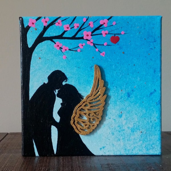 Engel in der Liebe, Engel silhouette, Angel Malerei, paar küssen Kontur, Mann & Engel küssen, Gemälde, Geschenk für sie, romantische Paar Malerei