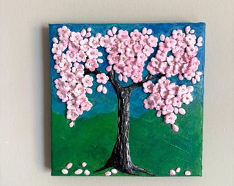 水彩画　プチトリアノン 愛の神　price down 25000->15000 3D Cherry Blossom Painting: Acrylic Flowers Tree Art, 6x6 Canvas