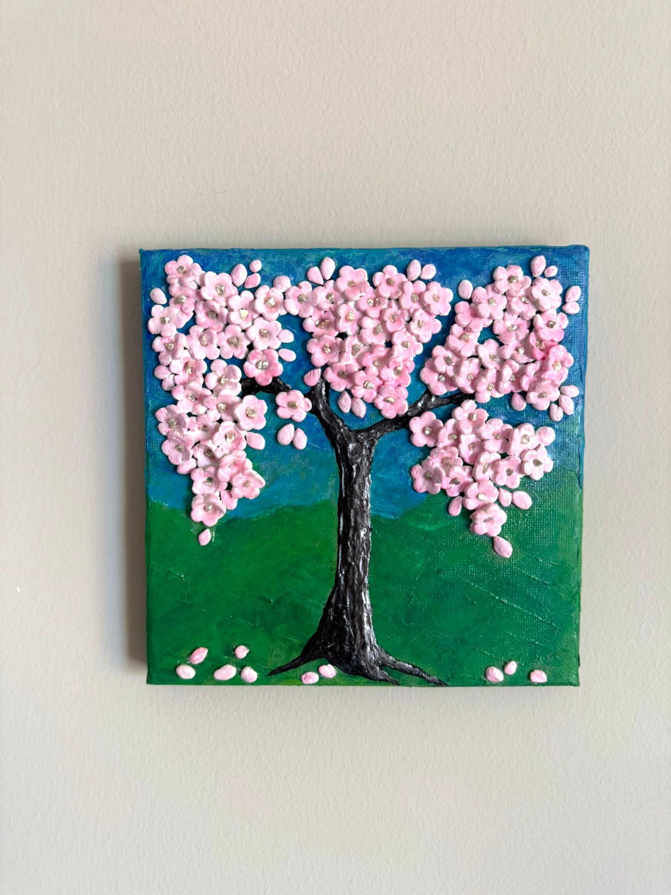 3D Cherry Blossom Painting: Acrylic Flowers Tree Art, 6x6 Canvas
