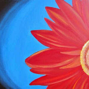 May include: A close-up of a red flower with a yellow center against a blue background. The flower petals are painted with a brushstroke effect.