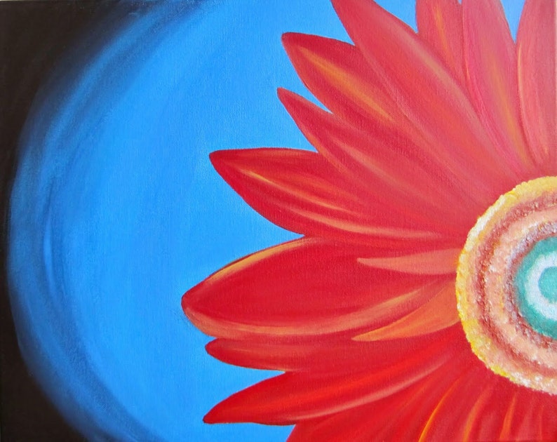 May include: A close-up of a red flower with a yellow center against a blue background. The flower petals are painted with a brushstroke effect.