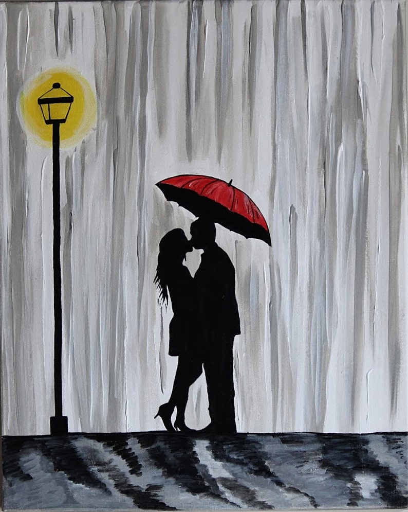 Original Couple in rain painting Couple kissing in the rain | Etsy