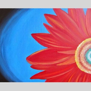 May include: A close-up of a red flower with a yellow center. The flower is painted on a blue background with a black border.