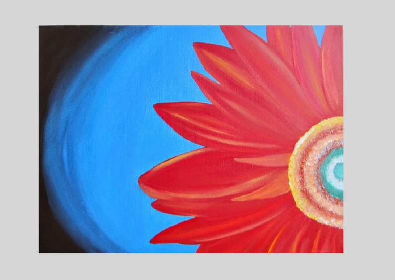 May include: A close-up of a red flower with a yellow center. The flower is painted on a blue background with a black border.