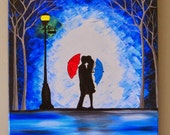 Original Paar im Regen, Malerei, Kontur paar küssen in der Regen-Wand-Kunst, Ehepaar mit roten Regenschirm Gemälde, paar Gemälde, 16 x 20