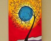 Original Tree of Life Wall Art, Abstract Tree painting, Whimsical Tree Art, Tree wall art, 12x16 inches tree of life and Moon painting