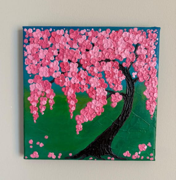 Textured Cherry Blossom Tree Painting: Original Acrylic Art, 8x8