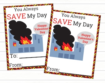 Könnte beinhalten: Zwei Valentinstagskarten mit einer Cartoon-Illustration eines brennenden Gebäudes. Die Karten tragen den Text "You Always SAVE My Day" und "Happy Valentine's Day". Die Karten haben einen dekorativen Rand und Platz für "An:" und "Von:"