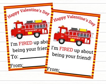 Printable Firefighter Valentine, Fire Truck Valentine, Classroom Valentine's Day Cards, Fireman, Instant Download Kids Cards